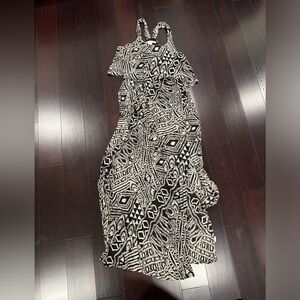 Black and tan razorback maxi dress with slit